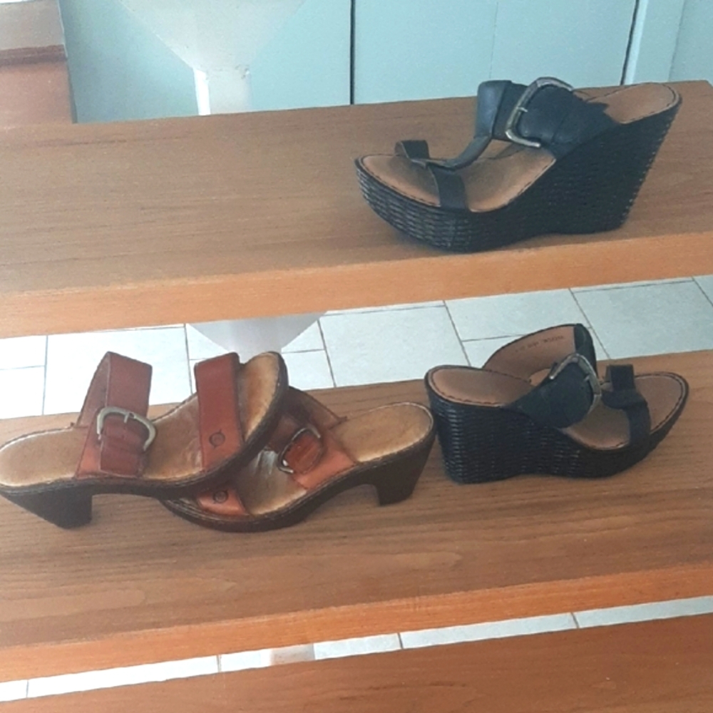 2 PAIR👡BORN👡Black&Brown LEATHER Wedge Sandals Size 8 - Picture 2 of 13